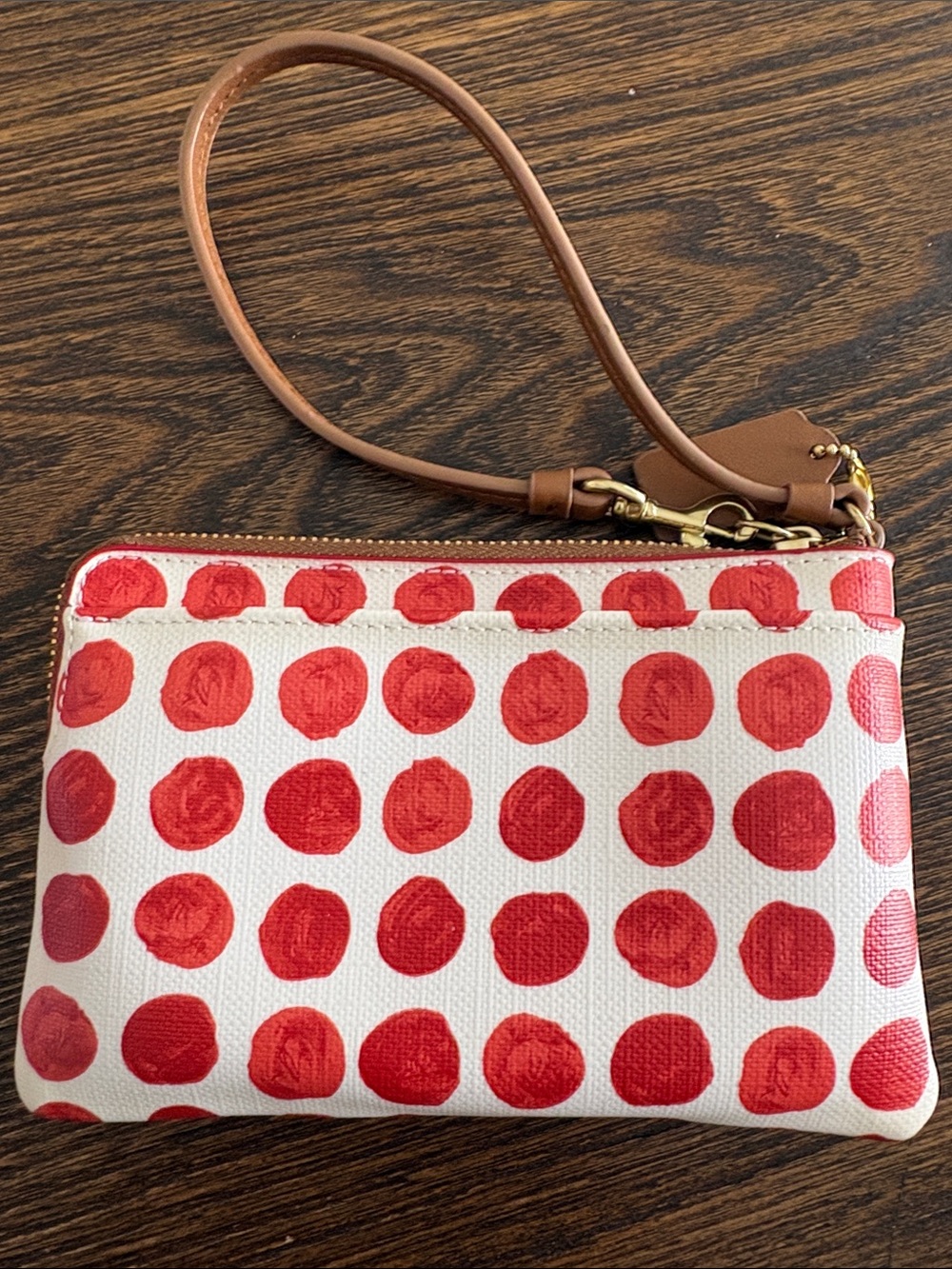 Coach Bleecker Red and White Polka Dot Wristlet w/ Brown Trim Gold Hardware - Picture 6 of 9